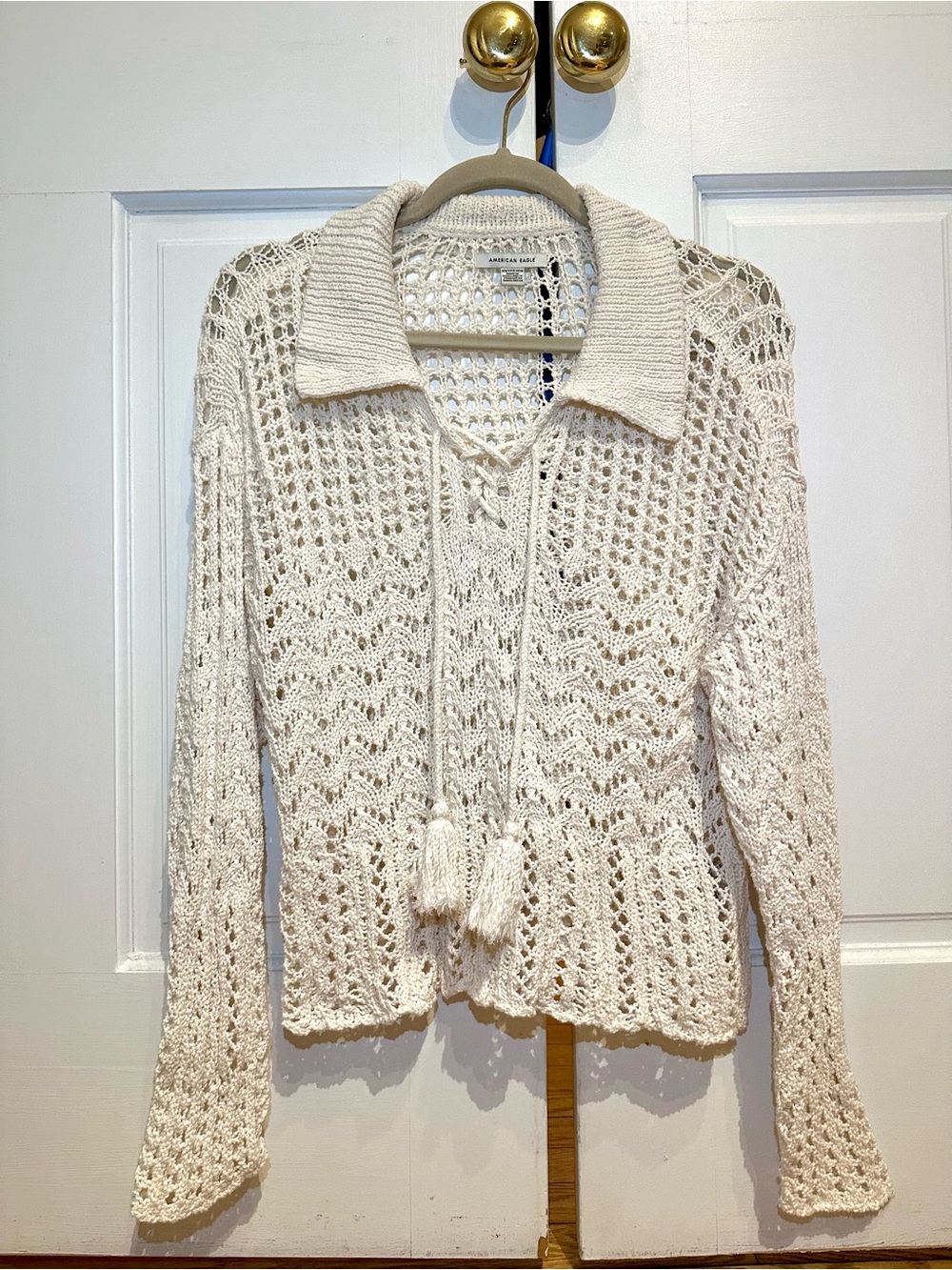 *Open to offers* American Eagle Cream Crochet-Knit Polo Sweater with Tassel Ties